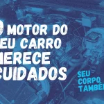 Descrição da imagem: A imagem é uma peça gráfica em tons de azul, parte de uma campanha do Novembro Azul. No primeiro plano, aparecem as palavras em grande escala e fonte branca desgastada: "O MOTOR DO SEU CARRO MERECE CUIDADOS" e, abaixo em um tamanho menor, "SEU CORPO, TAMBÉM!" A imagem de fundo, em um filtro azul, mostra o motor de um carro, destacando a ideia de que tanto os veículos quanto a saúde masculina requerem atenção e manutenção regular.